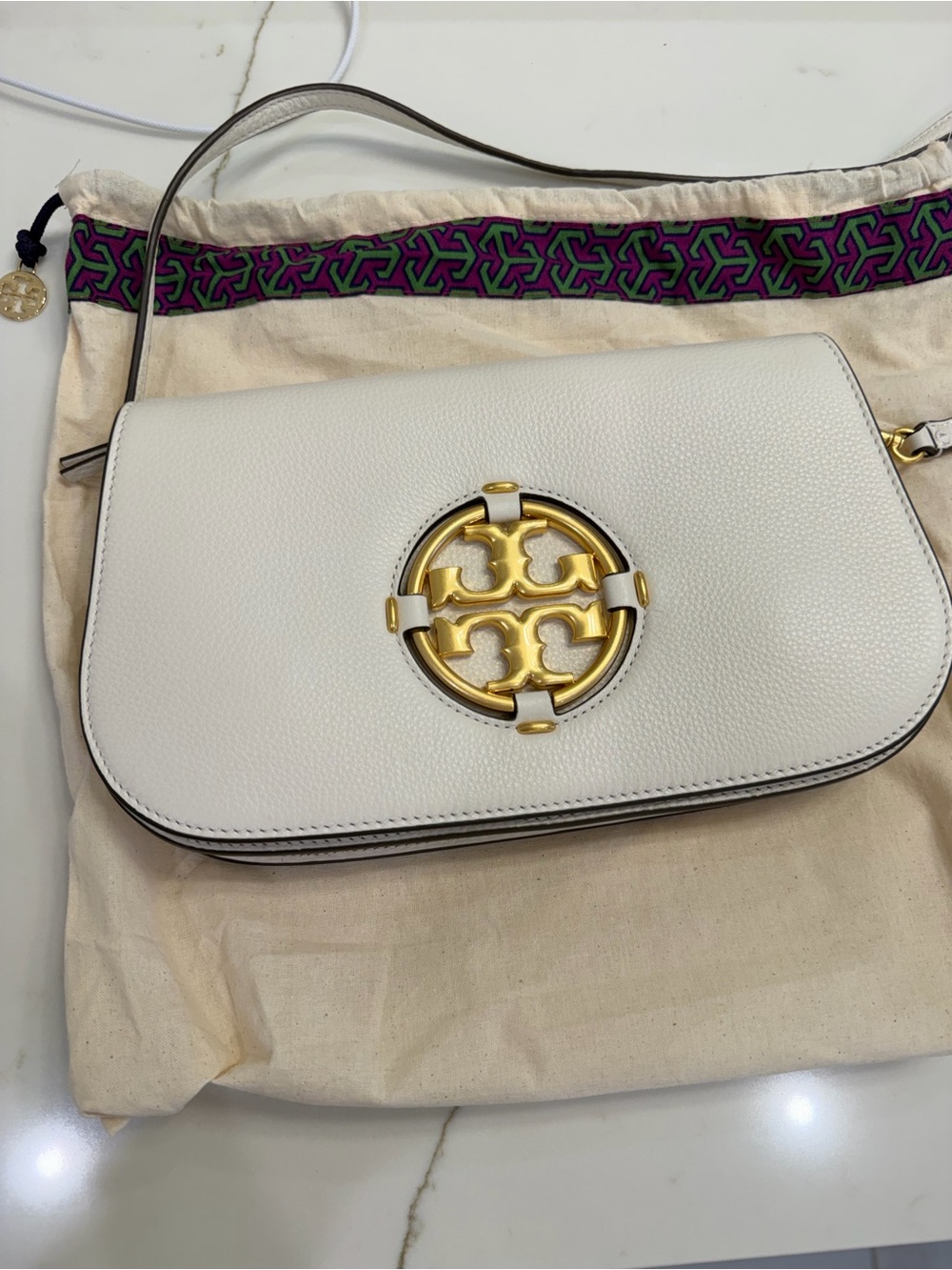 Tory Burch White Leather Crossbody with Gold Emblem